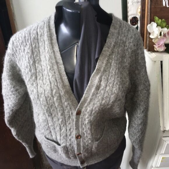 Gaeltarra Green natural Irish gray cable knit grandpa cardigan - Picture 1 of 3